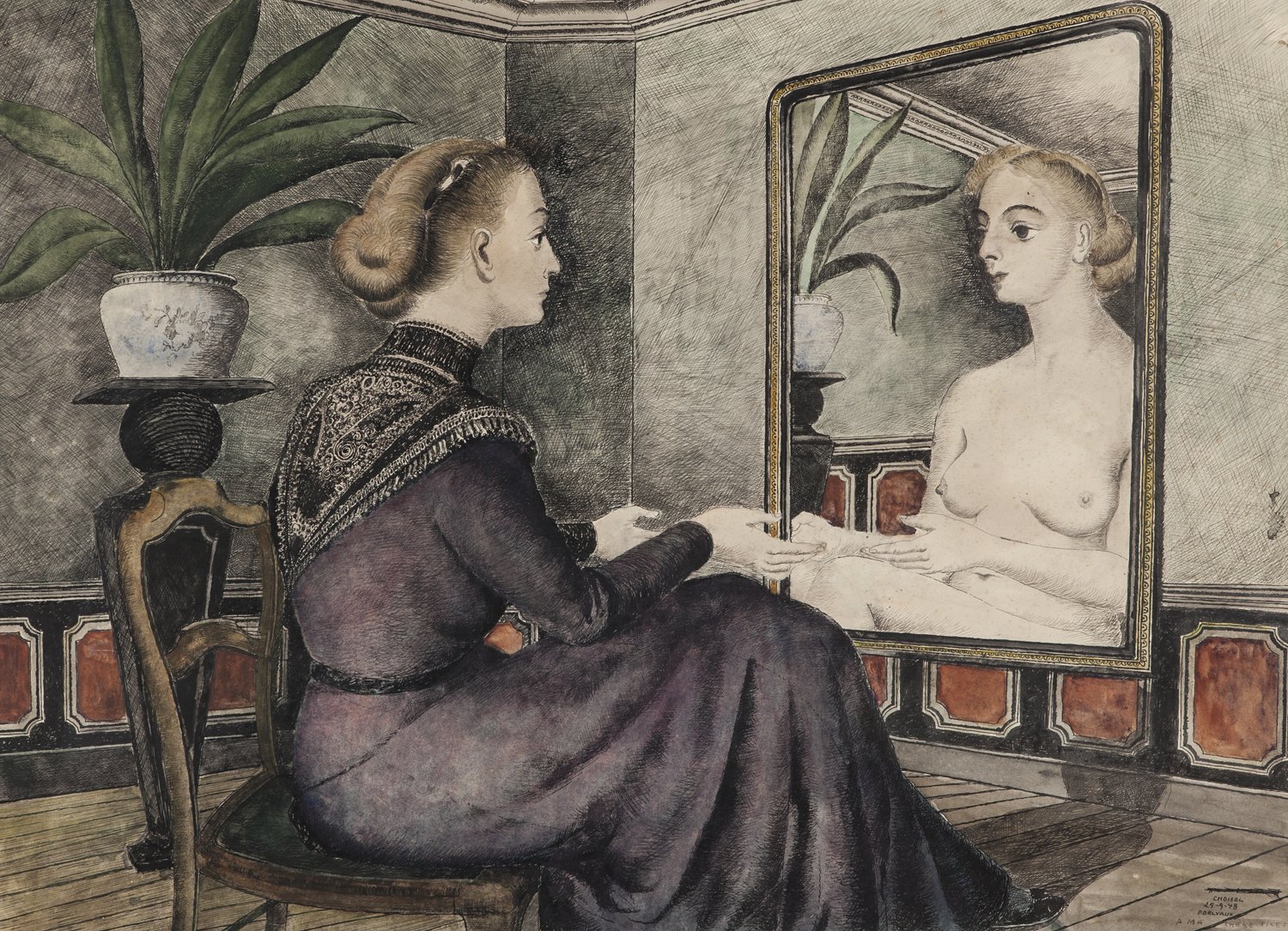 Paul Delvaux, De vrouw voor de spiegel (1948), Oost-Indische inkt en aquarel op papier. 5. PaulDelvaux, De vrouw voor de spiegel (1948)_oost-indische inkt en aquarel op papier.jpg