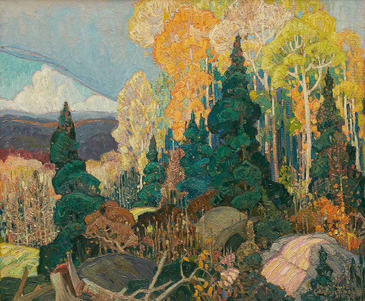 Franklin Carmichael Autumn Hillside, 1920 Olieverf op doek Totaal: 76 x 91.4 cm Geschonken door the J.S. McLean Collection, Toronto, 1969, gedoneerd door the Ontario Heritage Foundation, 1988 © Art Gallery of Ontario L69.16 8. Kunsthal Rotterdam_ Magnetisch_Noorden_Franklin_Carmichael_Autumn_Hillside_1920_AGO_Online.jpg