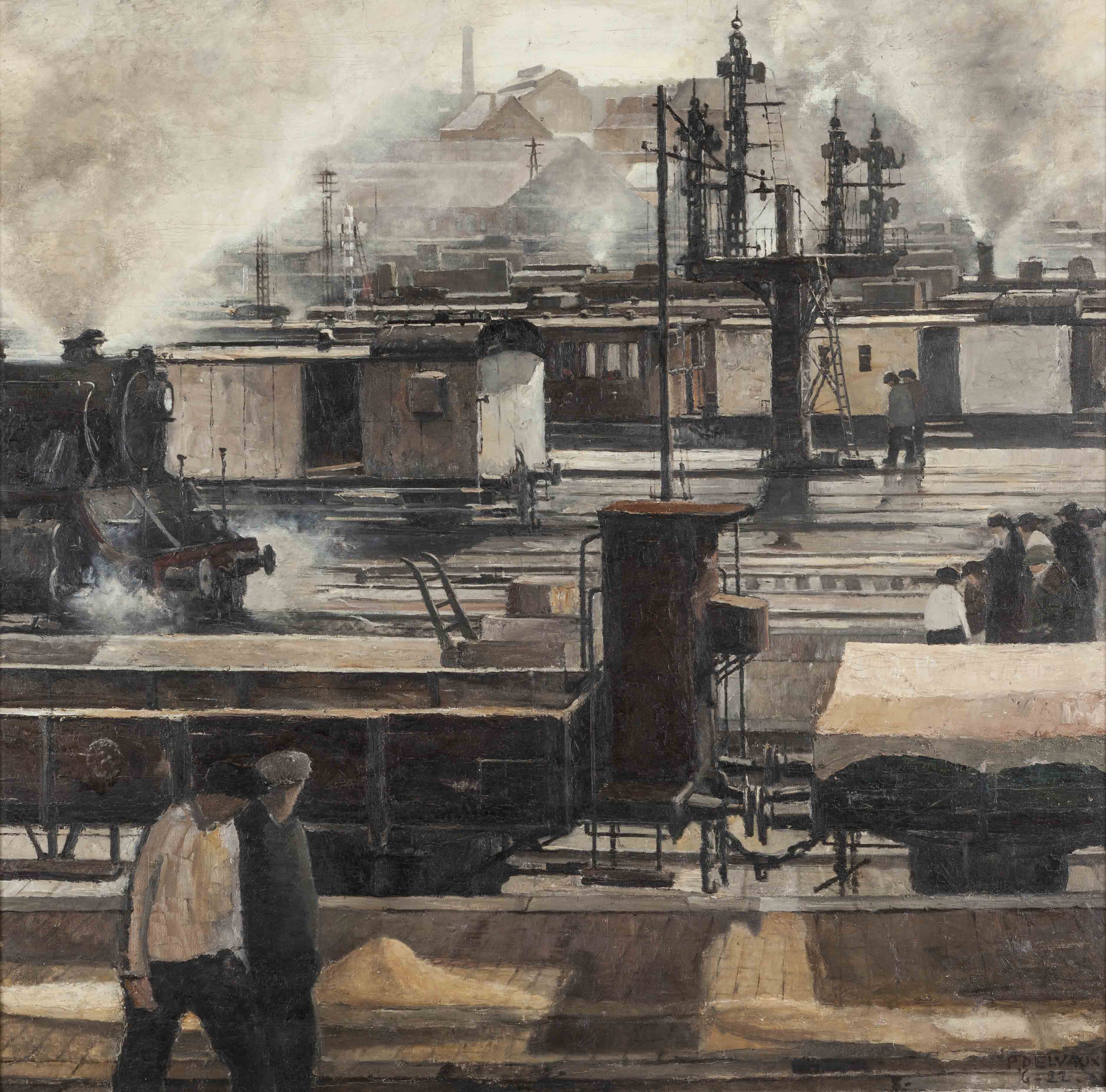 Paul Delvaux, De spoorwegarbeiders, 1922 © Fondation Paul Delvaux, Sint-Idesbald/Belgium, c/o Pictoright Amsterdam 2017 2. PaulDelvaux, De spoorwegarbeiders (1922)_olieverfopdoek.jpg