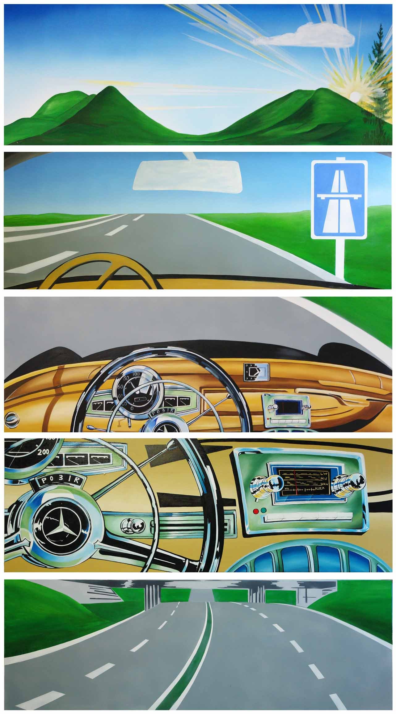 Emil Schult, Autobahn Comic, 2004-2019 Oil on canvas 70 X 200 cm © Emil Schult 3. EmilSchult_KraftwerkAutobahn music comix350x200 _lowres.jpg