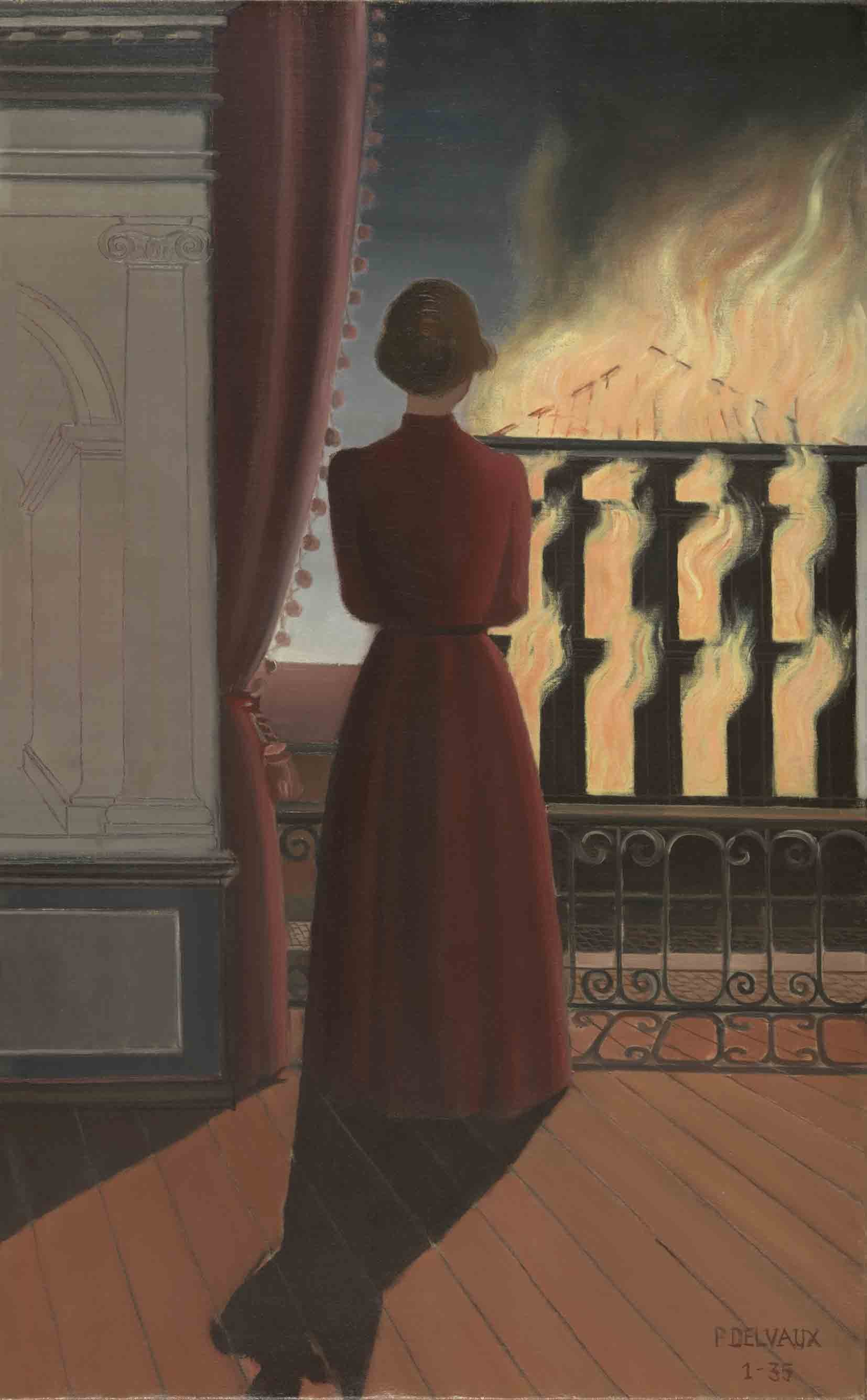 Paul Delvaux, De brand (1935), olieverf op doek © Fondation Paul Delvaux, Sint-Idesbald/Belgium, c/o Pictoright Amsterdam 2017 9. PaulDelvaux, Zonder titel (De brand)_rechts (1935)_olieverfopdoek_139,6x75,5cm.jpg