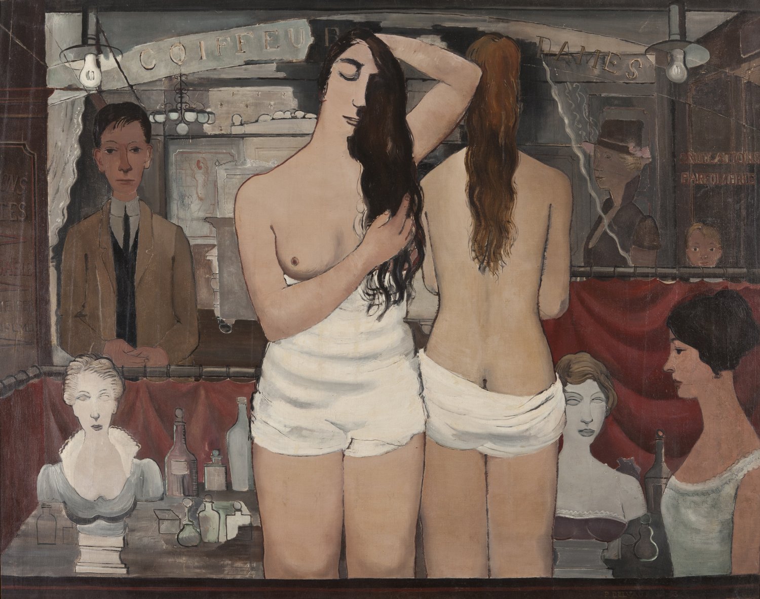 Paul Delvaux, The Ladies’ Hairdresser, 1933, oil on canvas © Fondation Paul Delvaux, Sint-Idesbald/Belgium, c/o Pictoright Amsterdam 2017 3. PaulDelvaux, Dameskapper (1933)_olieverfopdoek, 189x239cm.jpg