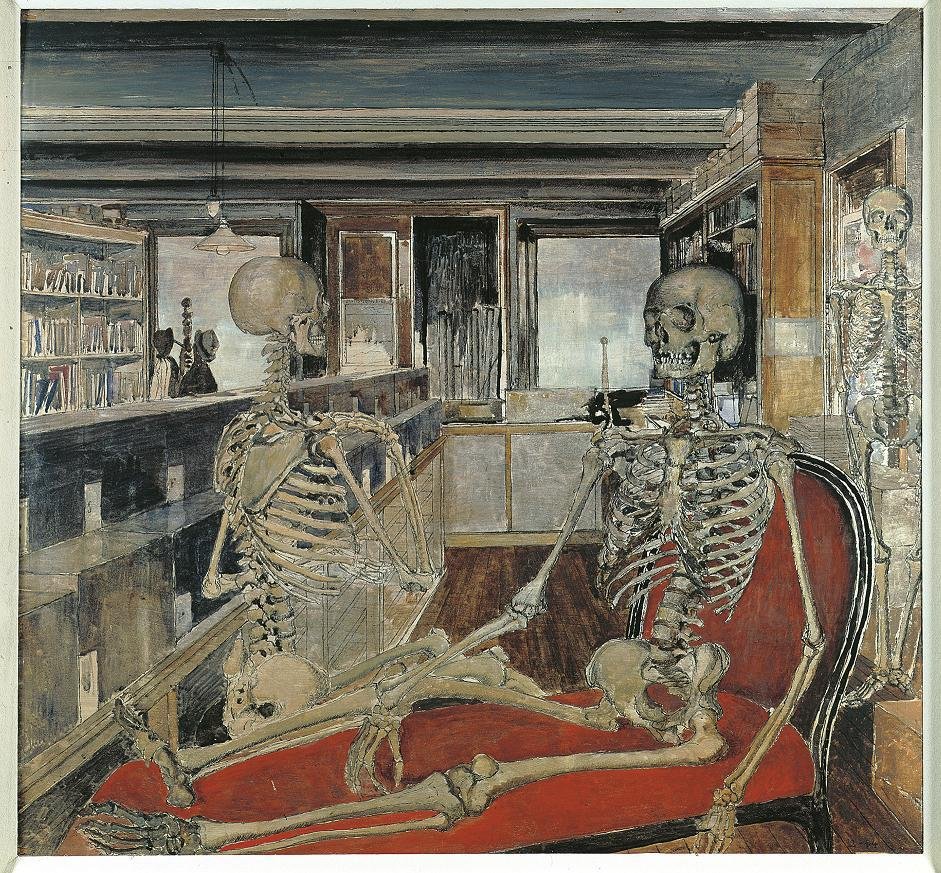 Paul Delvaux, De skeletten (1944), olieverf en Oost-Indische inkt op paneel © Fondation Paul Delvaux, Sint-Idesbald/Belgium, c/o Pictoright Amsterdam 2017 20. PaulDelvaux, De skeletten (1944)_Olieverf en Oost-Indische inkt op paneel_84x90cm.JPG