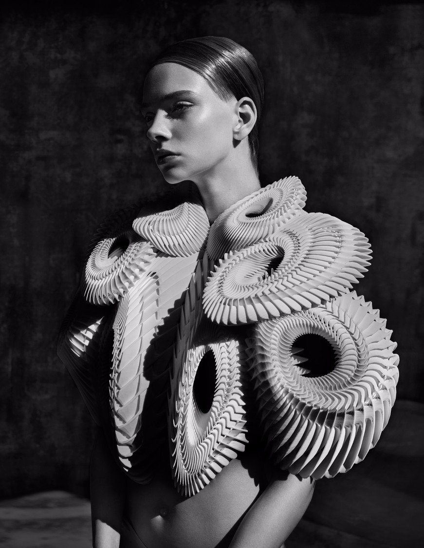 Iris van Herpen. ‘Hypnosis Speed’ top, Capriole collection, Haute Couture fall/winter 2011-12. Utilising selective-laser-sintering 3D printing technologies, made from polyamide Photo by Sølve Sundsbø Model: Kyona van Santen Copy of IVH x Solve Sundsbo 02.jpg