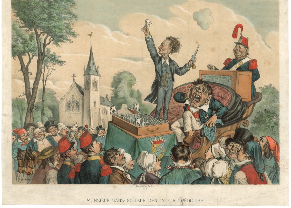 Gabriël Gostiaux Monsieur Sans-Douleur, Dentiste et Pédicure, 1868 lithograph 01-Gabiël Gostiaux_Kwakzalvers&Tandentrekkers_KunsthalRotterdam.jpg