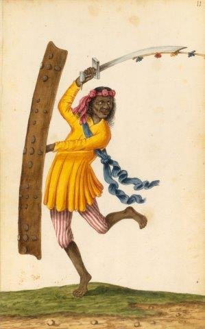 Ambonese dansende krijger in geel gewaad, 1658-1662 02 - Andries Beeckman, Ambonese dansende krijger in geel gewaad © Parijs BnF Arsenal.jpg