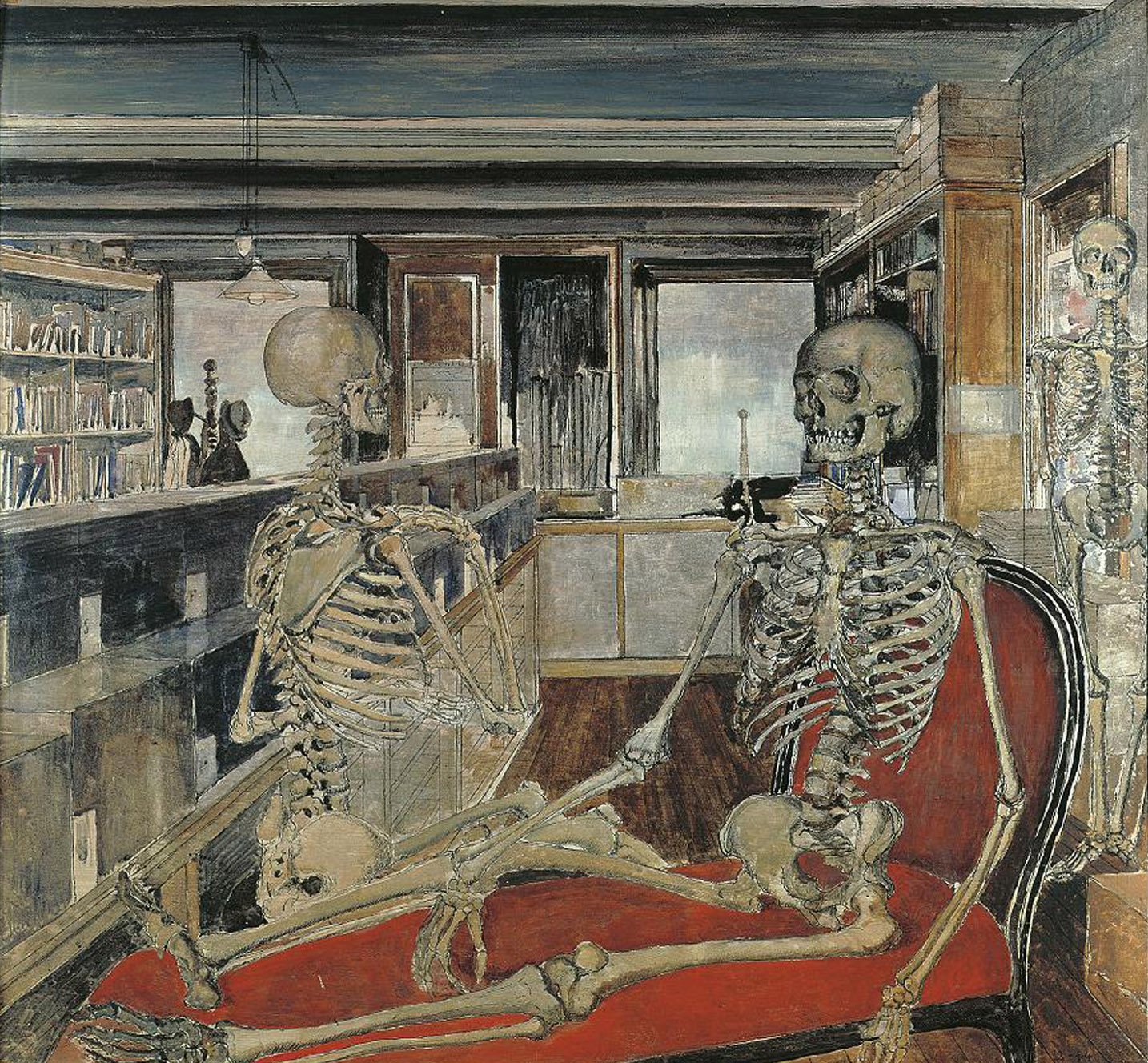 20. PaulDelvaux, De skeletten (1944)_Olieverf en Oost-Indische inkt op paneel_84x90.jpg
