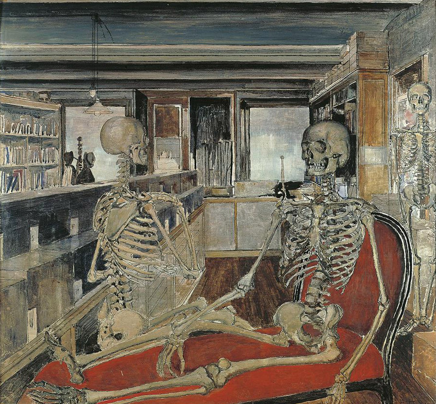 Paul Delvaux, The skeletons (1944), oil and Indian ink on panel © Fondation Paul Delvaux, Sint-Idesbald/Belgium, c/o Pictoright Amsterdam 2017 20. PaulDelvaux, De skeletten (1944)_Olieverf en Oost-Indische inkt op paneel_84x90.jpg