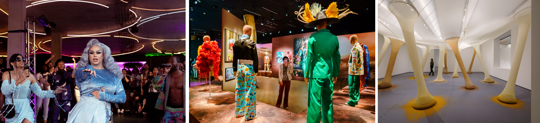Kunsthal Rotterdam 1. The Utopia Ball, Deep in Vogue. Celebrating Ballroom Culture, foto Roza Ahmad 2. Youthquake, foto Marco De Swart 3. Ernesto Neto, It happens when the body is anatomy of time, 2000, Calder Now, foto © Ossip van Duivenbode afbeeldingen 3 stuks.png