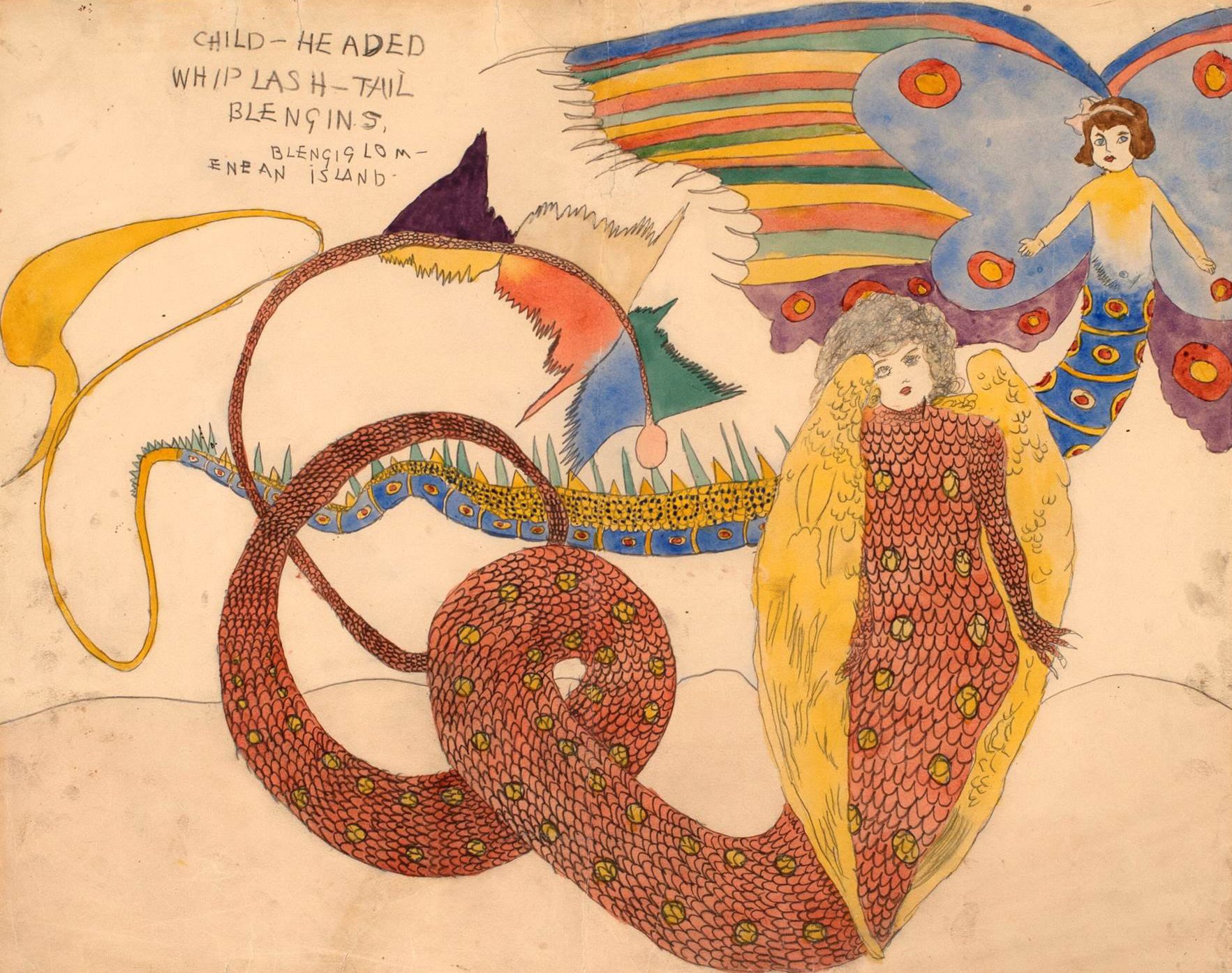 Untitled (Child-Headed Whiplash Blengins) c 1940/1960, Henry Darger. Courtesy of The Museum of Everything darg-065.jpg__1902x1487_q85_crop_subsampling-2_upscale.jpg